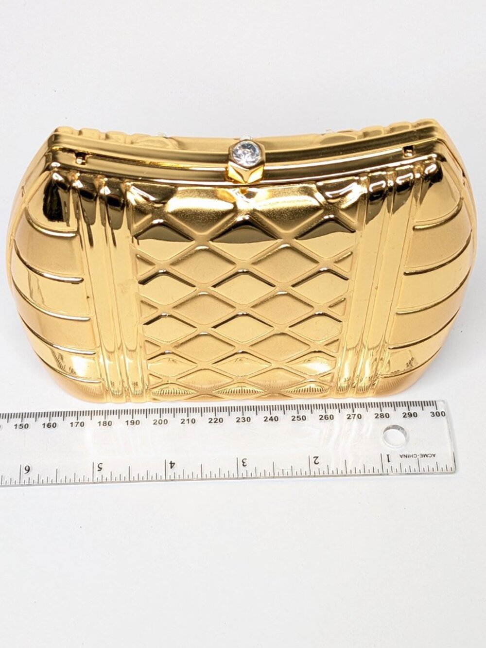 Vintage Gold Hard Shell Rhinestone Evening Bag Metal Box Clutch Crossbody Purse - Picture 11 of 14